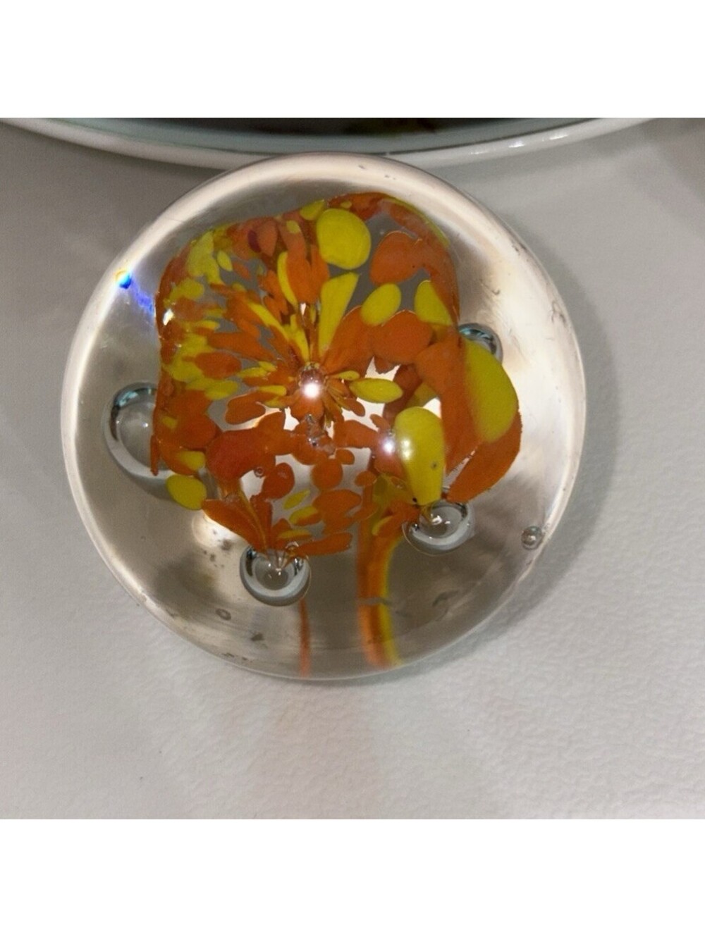 Hand Blown Paperweight Orange and Yellow Controlled Bubbles